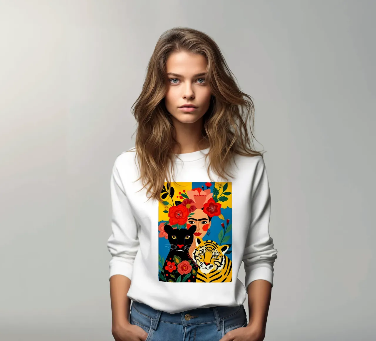 FRIDA KAHLO CON TIGRE E PANTERA felpa da ARTOMATIC