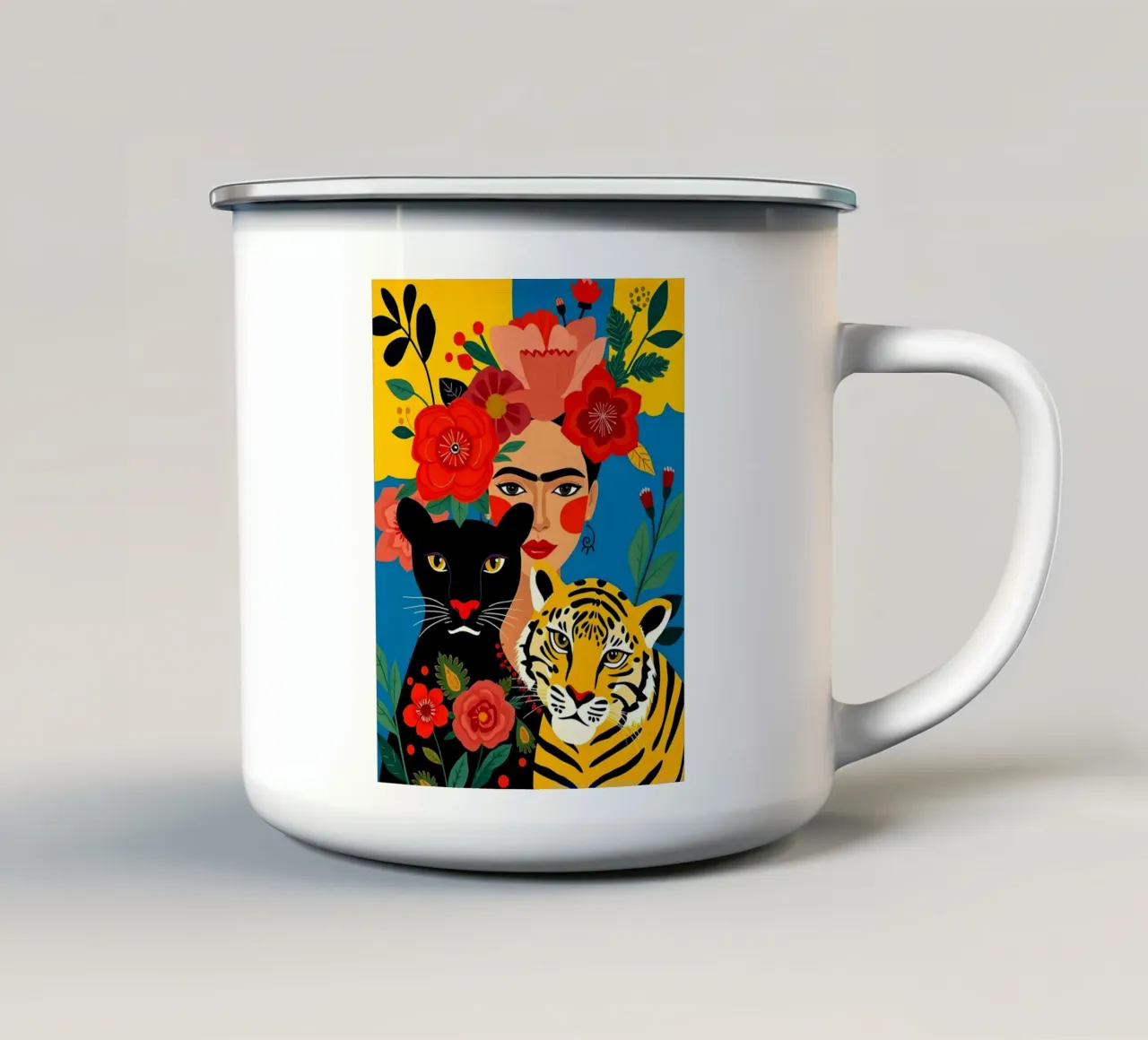 FRIDA KAHLO CON TIGRE E PANTERA tazza in smalto da ARTOMATIC