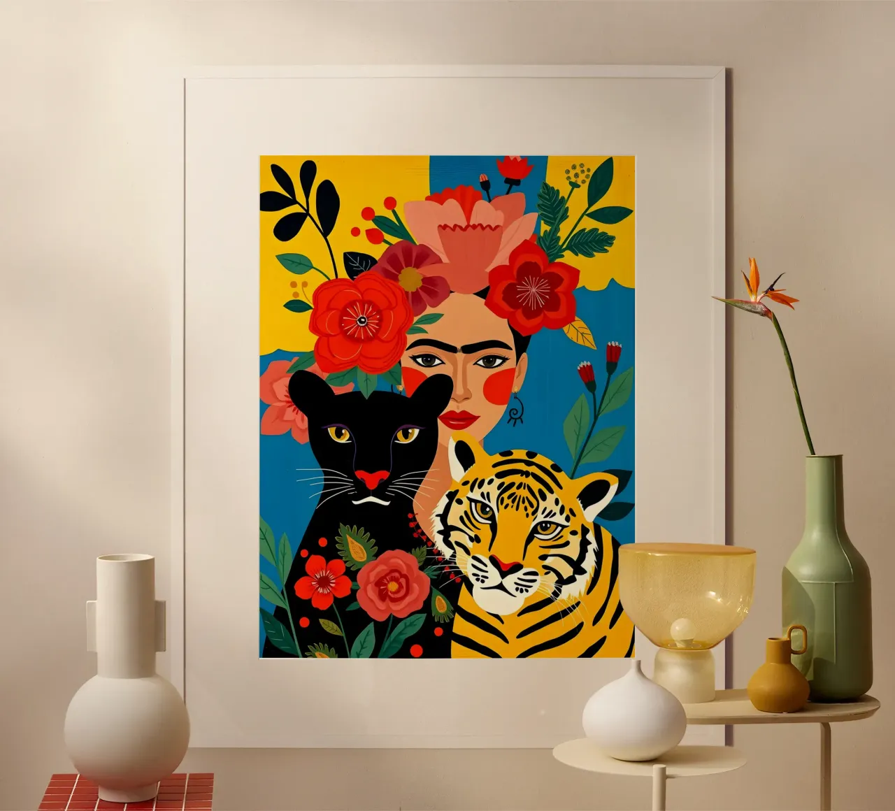 FRIDA KAHLO CON TIGRE E PANTERA poster da ARTOMATIC