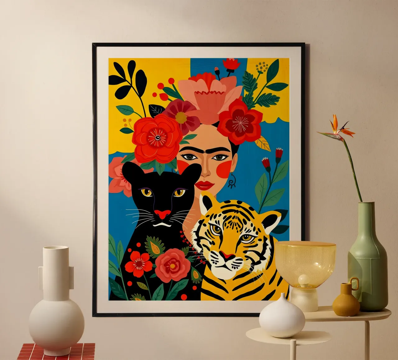 FRIDA KAHLO CON TIGRE E PANTERA poster da ARTOMATIC