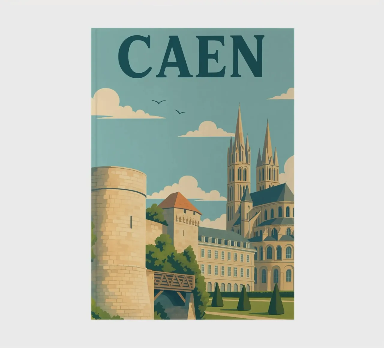 Caen - Retro poster of the castle and abbey notebook by PrintMoiUnTruc