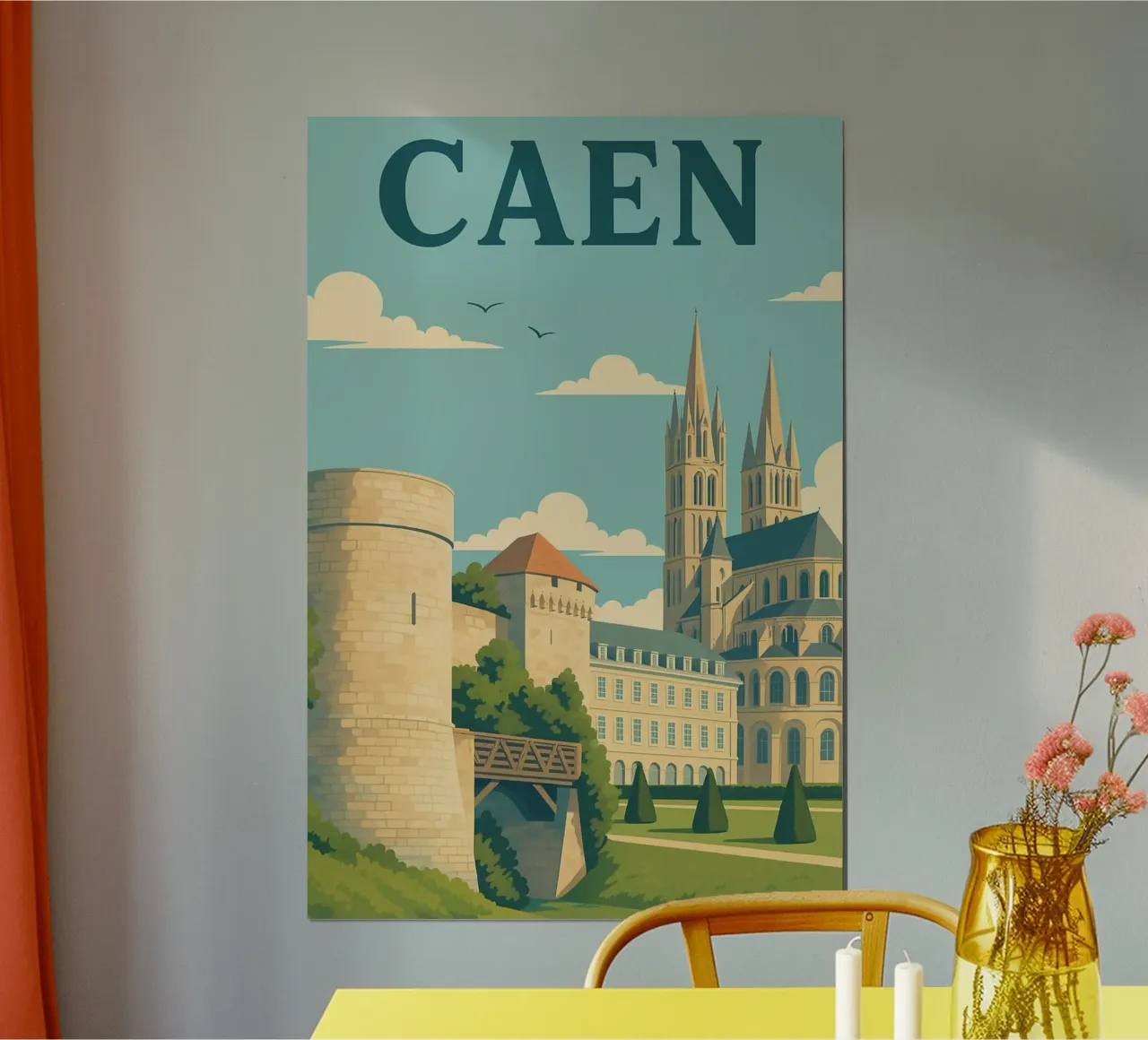 Caen - Retro poster of the castle and abbey poster with plastic frame by PrintMoiUnTruc