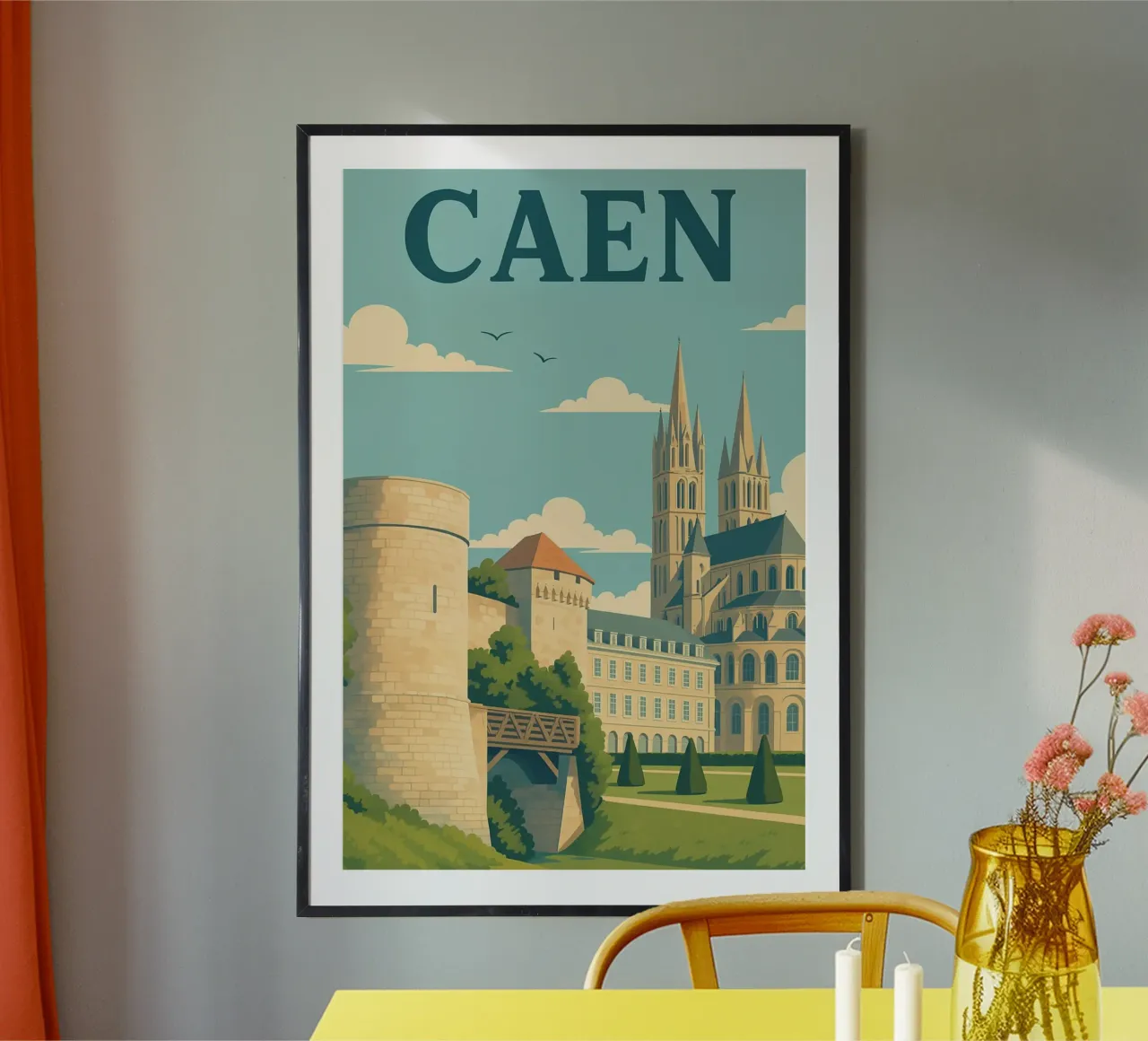 Caen - Retro poster of the castle and abbey poster with plastic frame by PrintMoiUnTruc