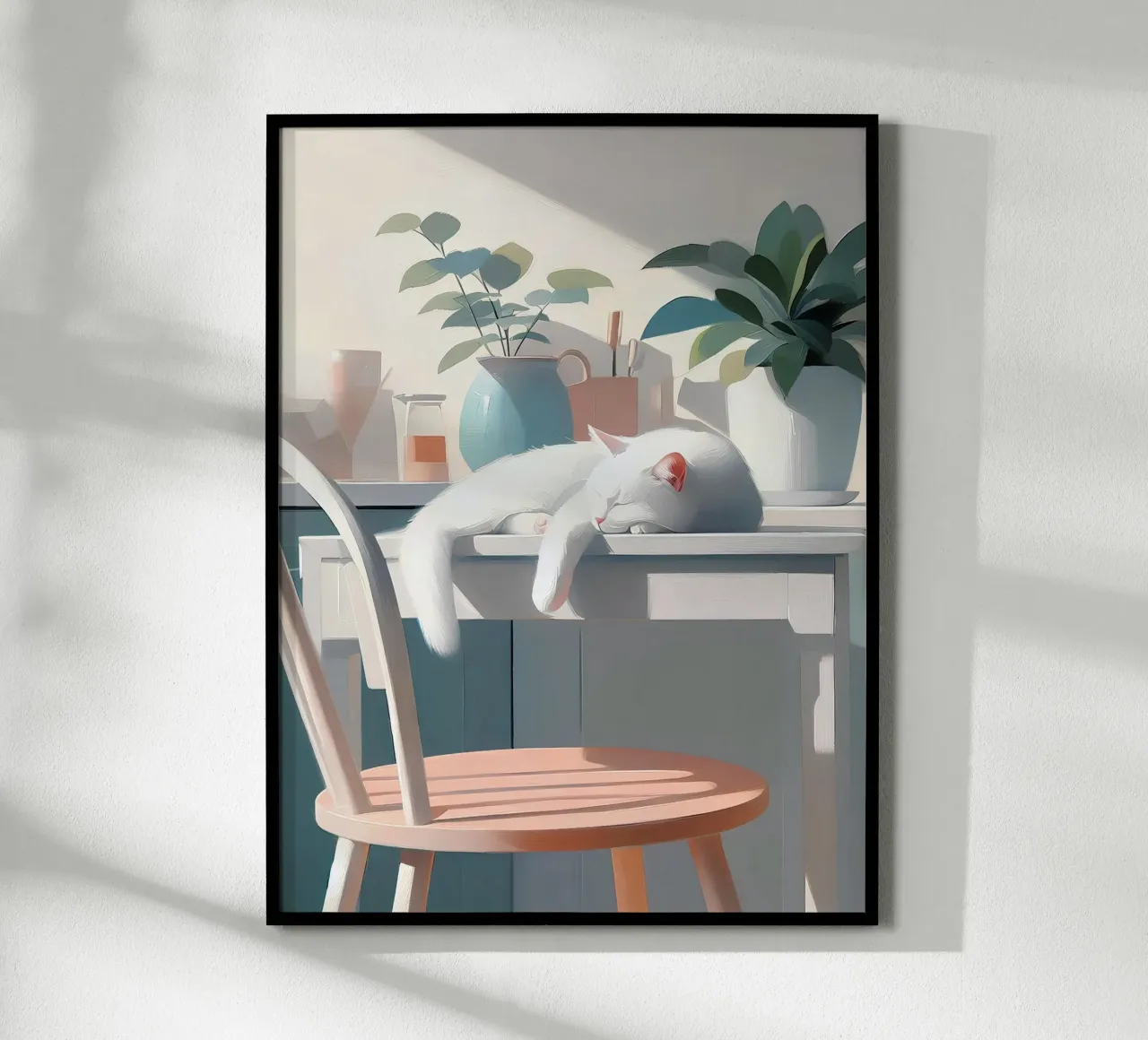 Gatto che dorme poster con telaio in legno da Digital Naive