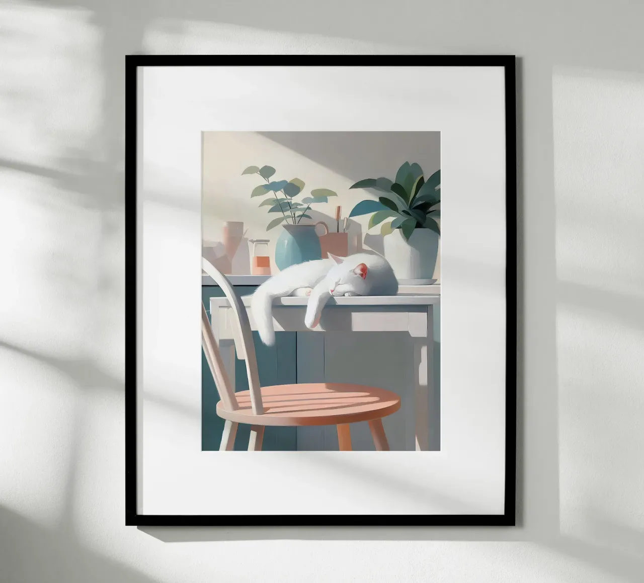 Gatto che dorme poster con telaio in legno da Digital Naive