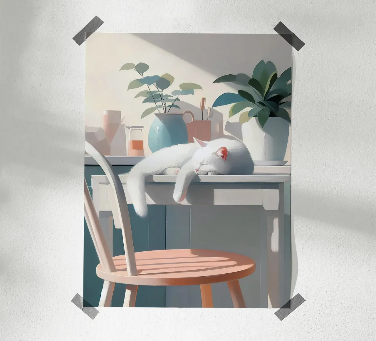 Gatto che dorme poster con telaio in legno da Digital Naive