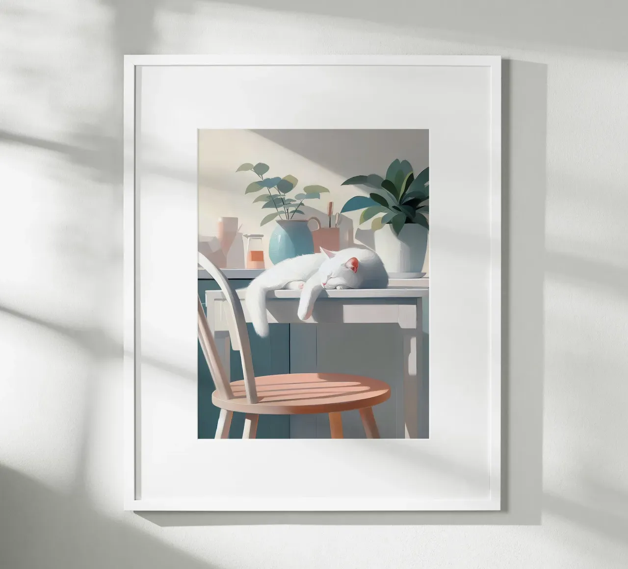 Gatto che dorme poster con telaio in legno da Digital Naive