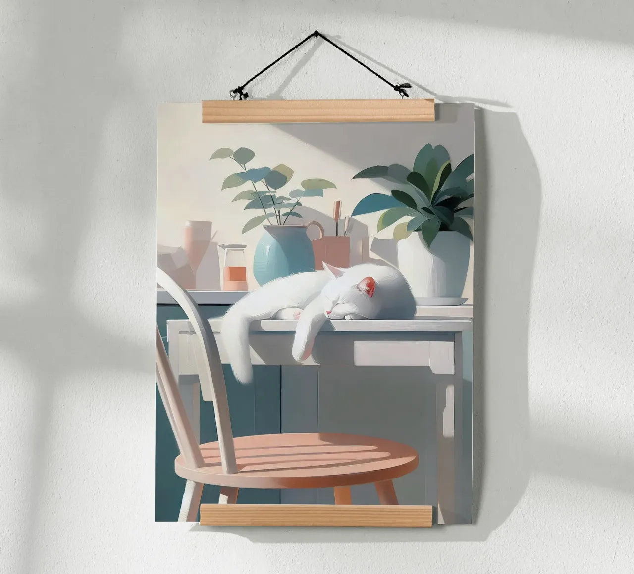 Gatto che dorme poster con telaio in legno da Digital Naive