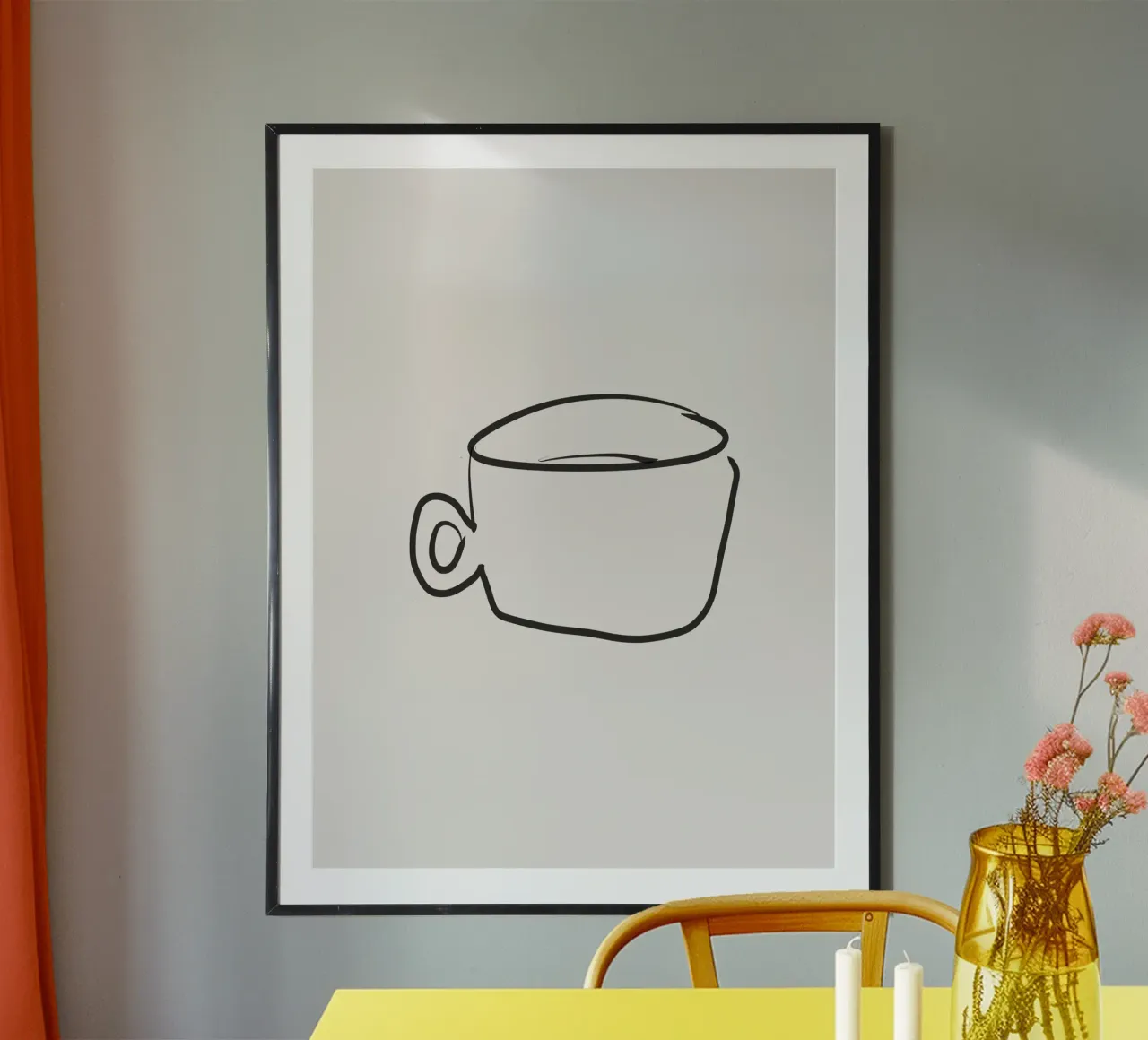 Minimalistische Organic Black Line Art Koffiemok Kopje op Beige poster met aluminium frame van This Wild Soul - Illustration