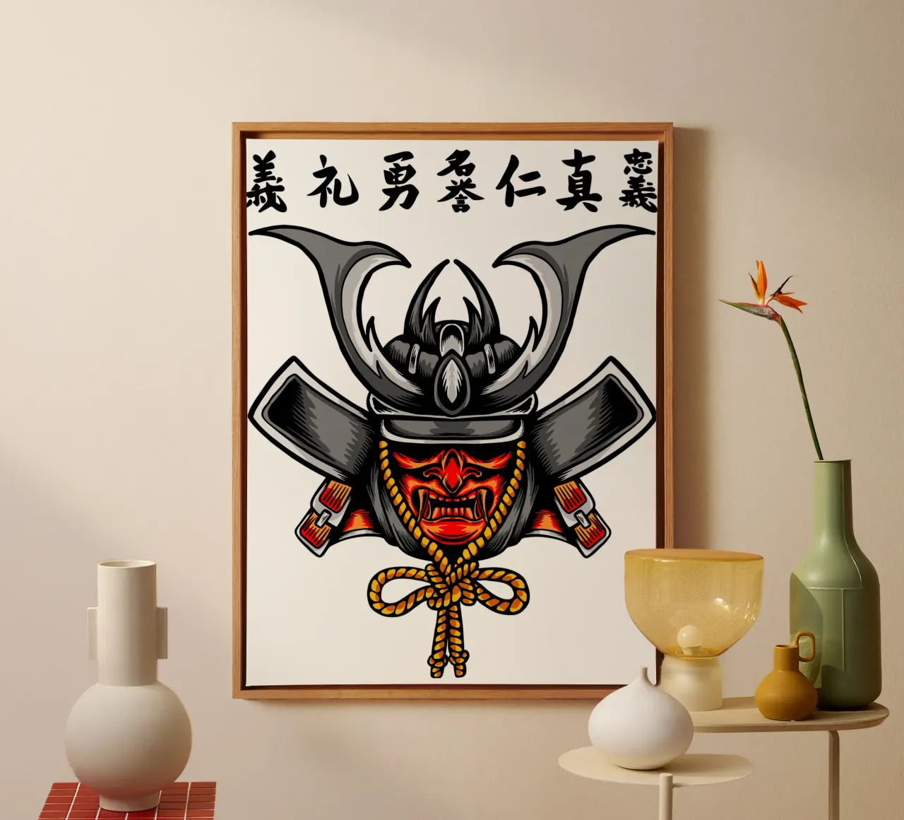 Design del volto di un samurai giapponese tela con Cornice a cassetta da nirwanaart