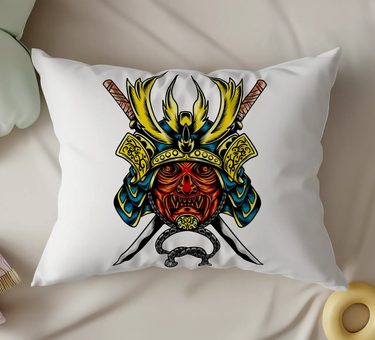 Maschera di samurai giapponese Vector Art Design cuscino da nirwanaart