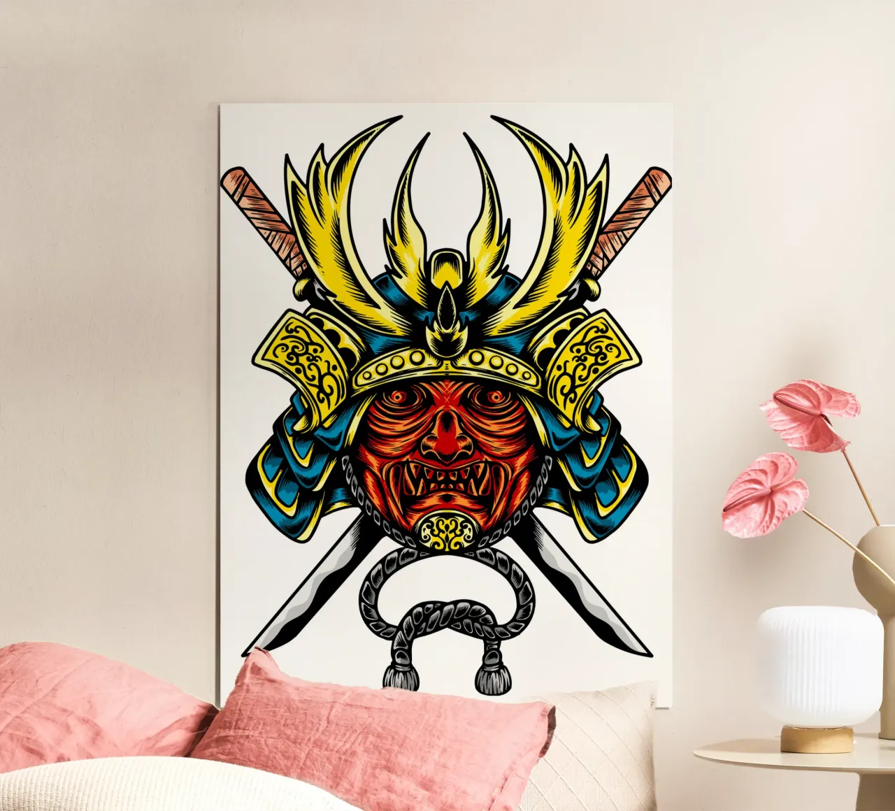 Maschera di samurai giapponese Vector Art Design poster con telaio in plastica da nirwanaart