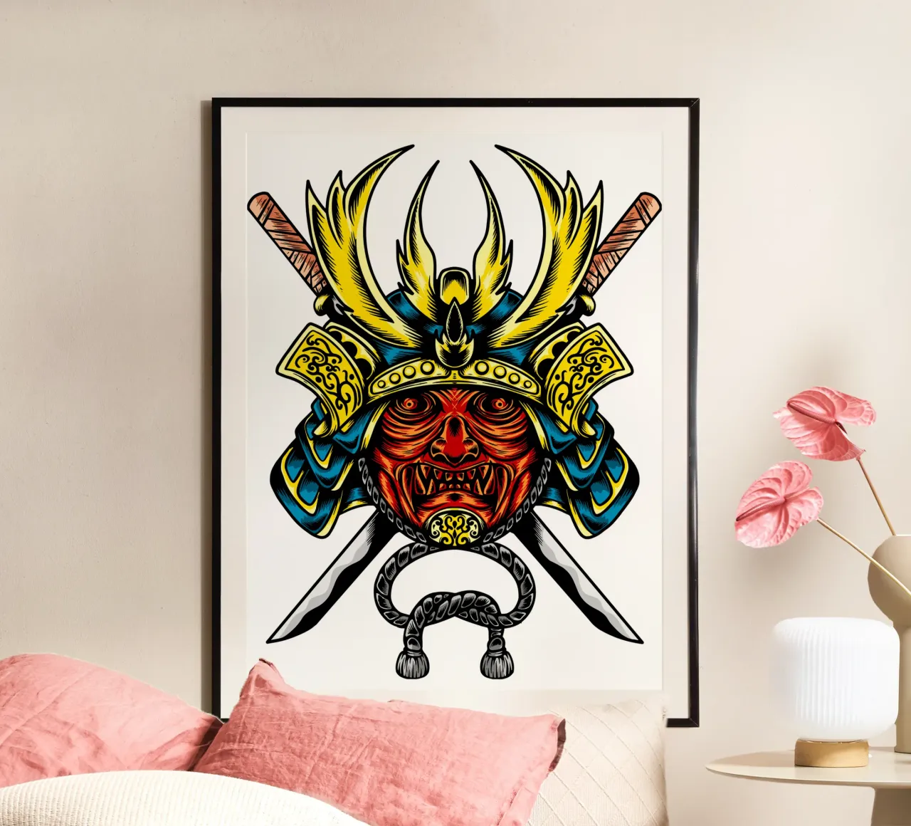 Maschera di samurai giapponese Vector Art Design poster con telaio in plastica da nirwanaart