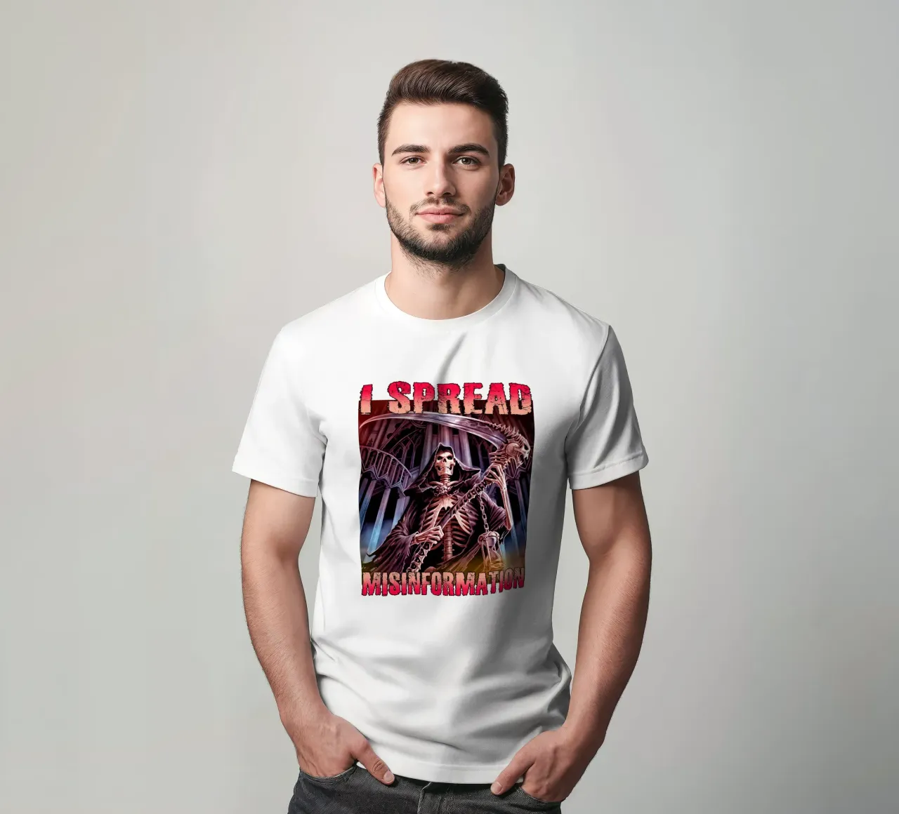 Diffondere disinformazione Divertente scheletro duro Meme Art t-shirt da samaras