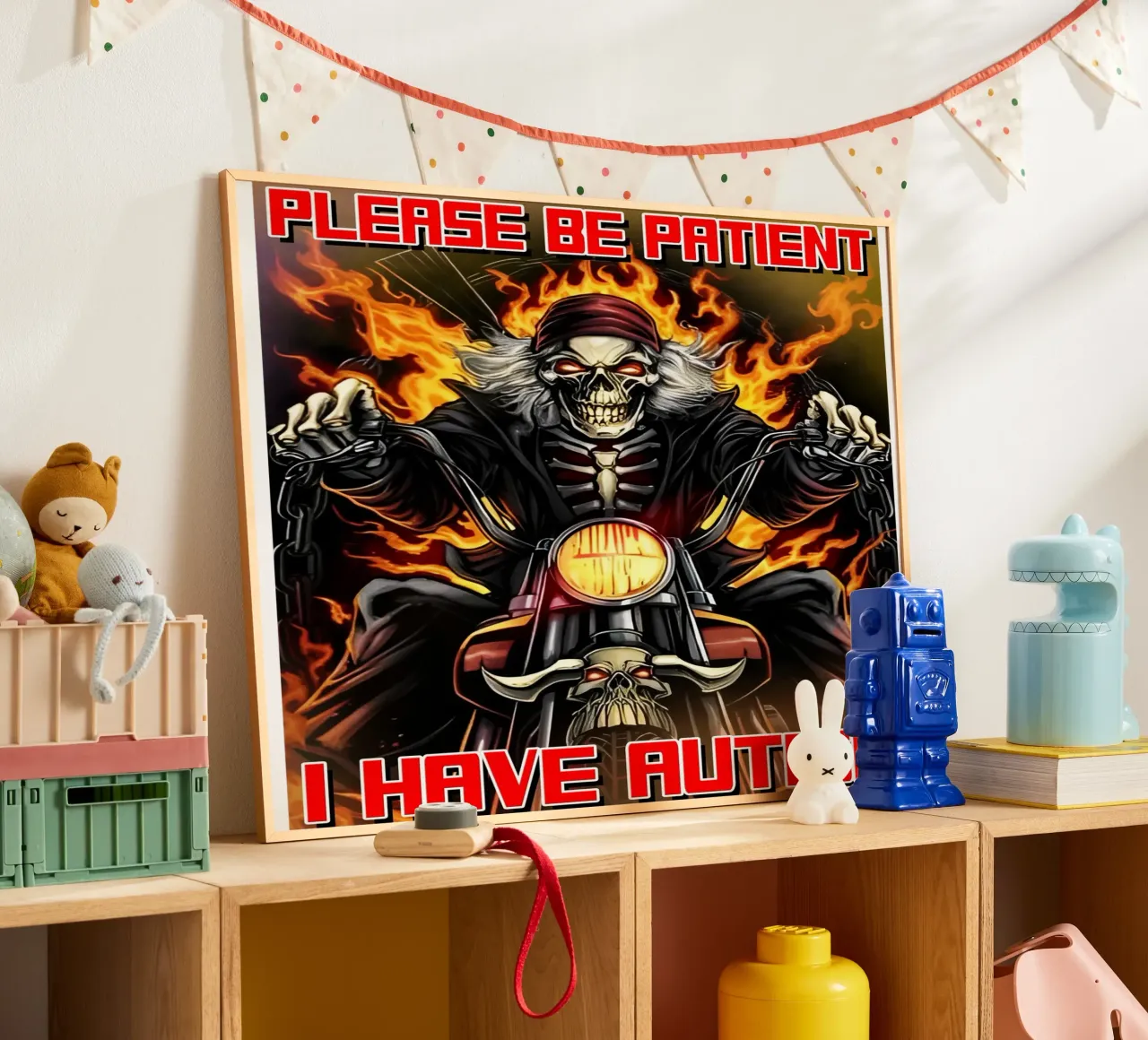 Per favore, sii paziente, ho l'autismo, divertente e duro meme di uno scheletro poster con telaio in plastica da samaras