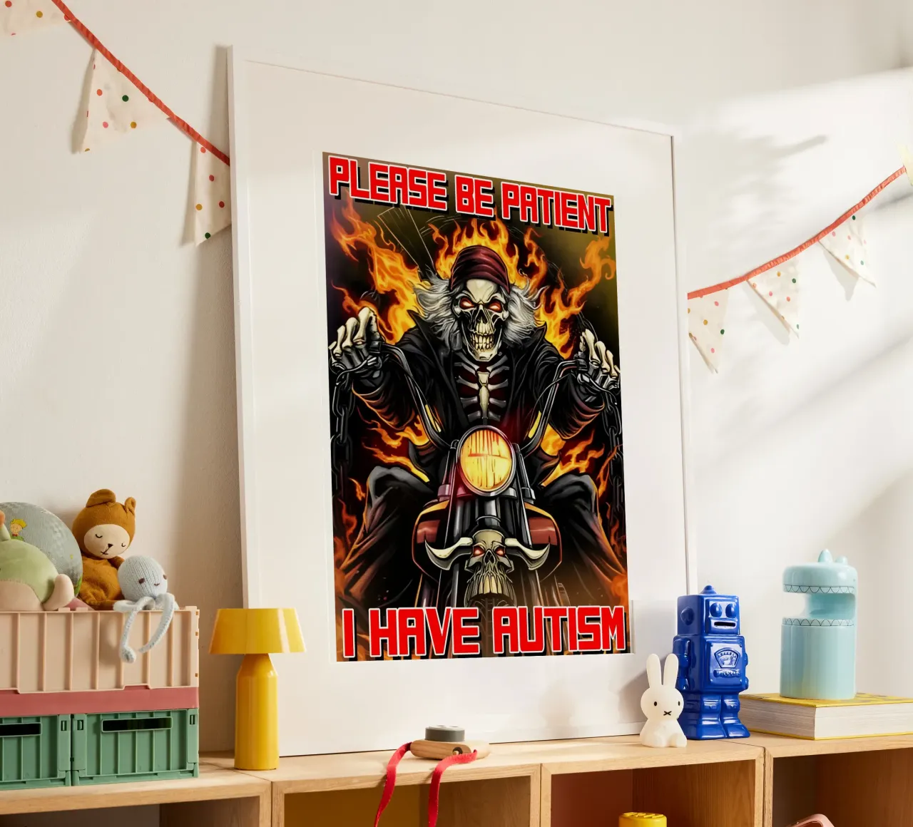 Per favore, sii paziente, ho l'autismo, divertente e duro meme di uno scheletro poster con telaio in plastica da samaras