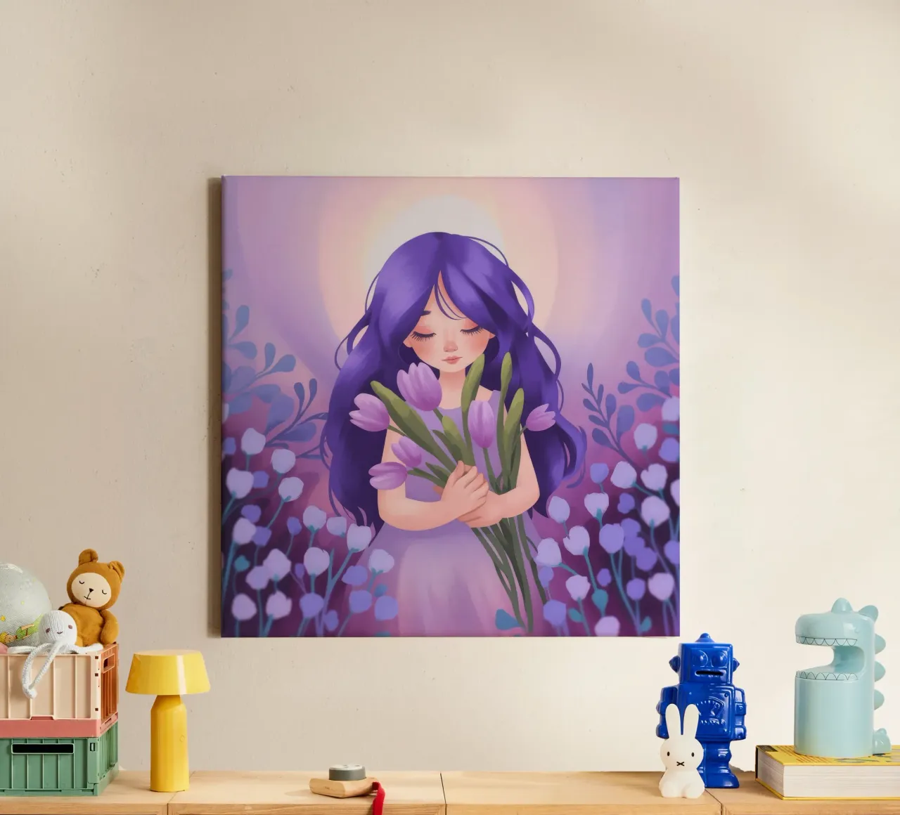Lavendel droom omhelzing canvas met Baklijst van Atelier Tiga