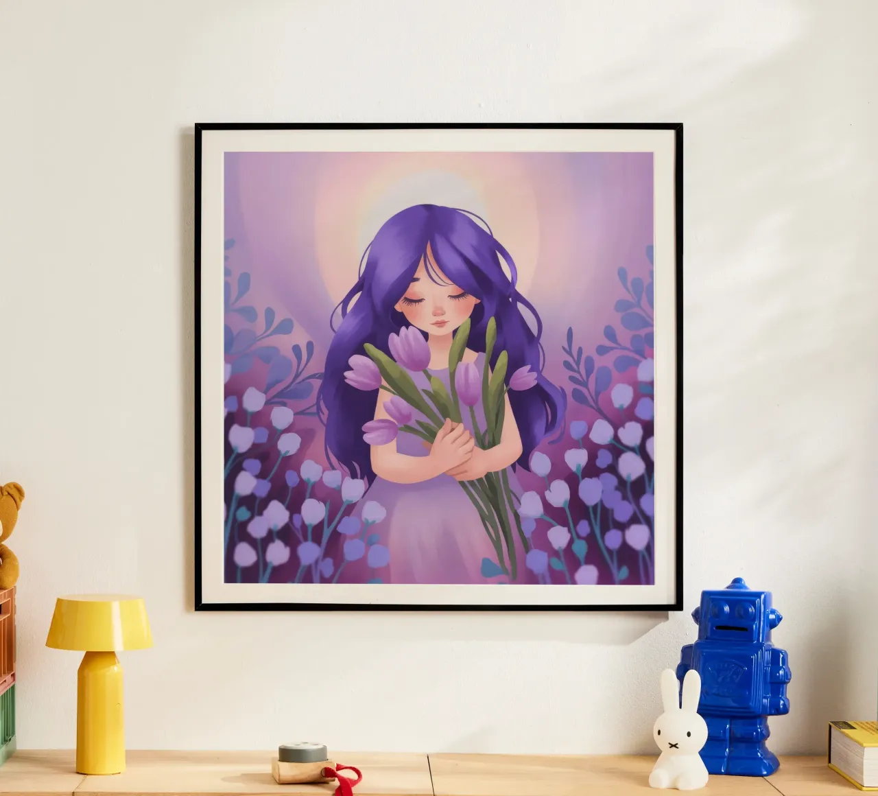 Abbraccio da sogno alla lavanda poster con telaio in legno da Atelier Tiga