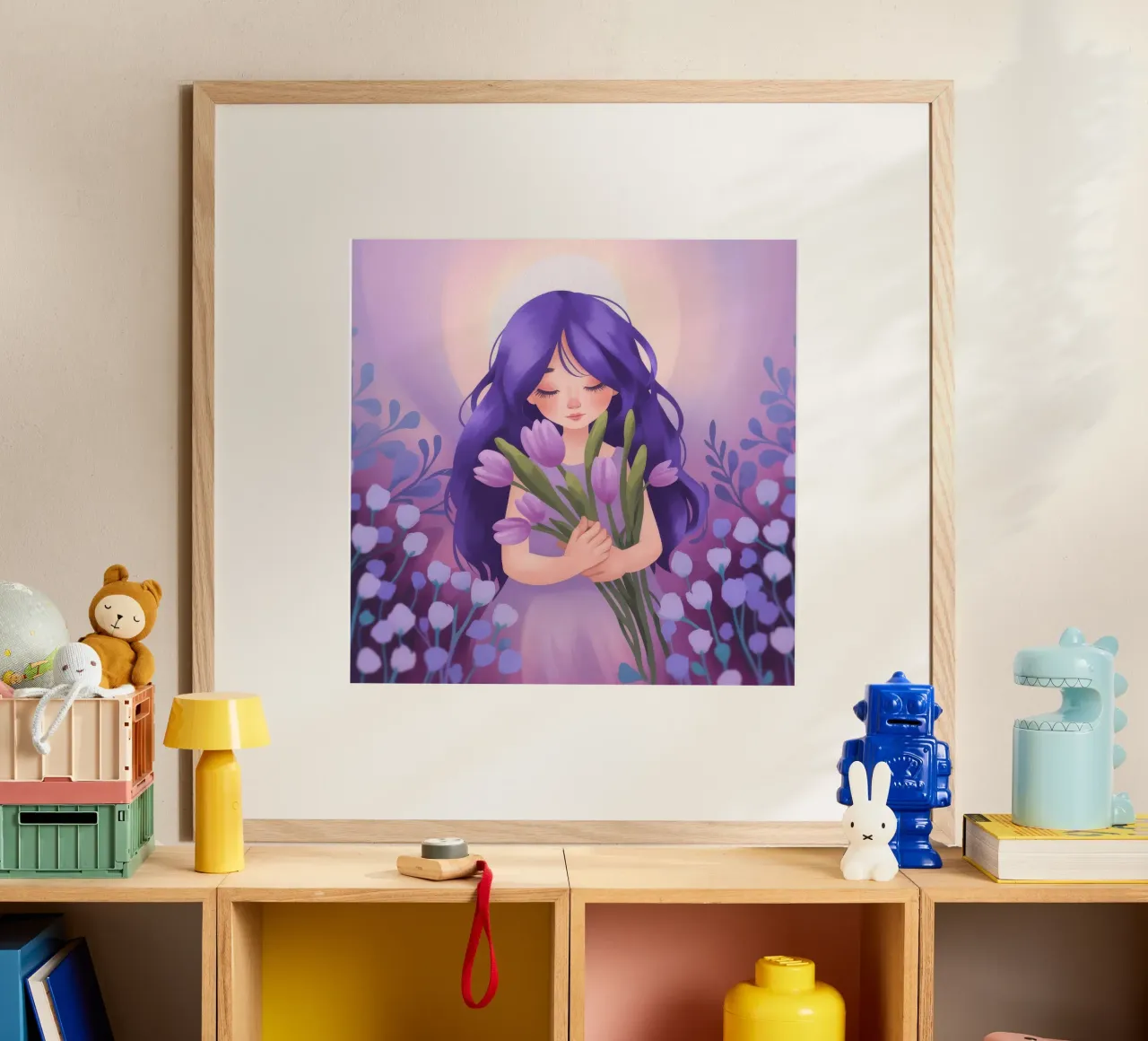 Abbraccio da sogno alla lavanda poster con telaio in legno da Atelier Tiga