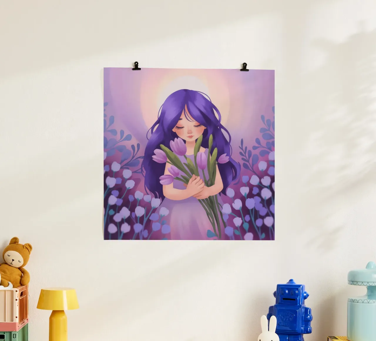 Abbraccio da sogno alla lavanda poster con telaio in legno da Atelier Tiga