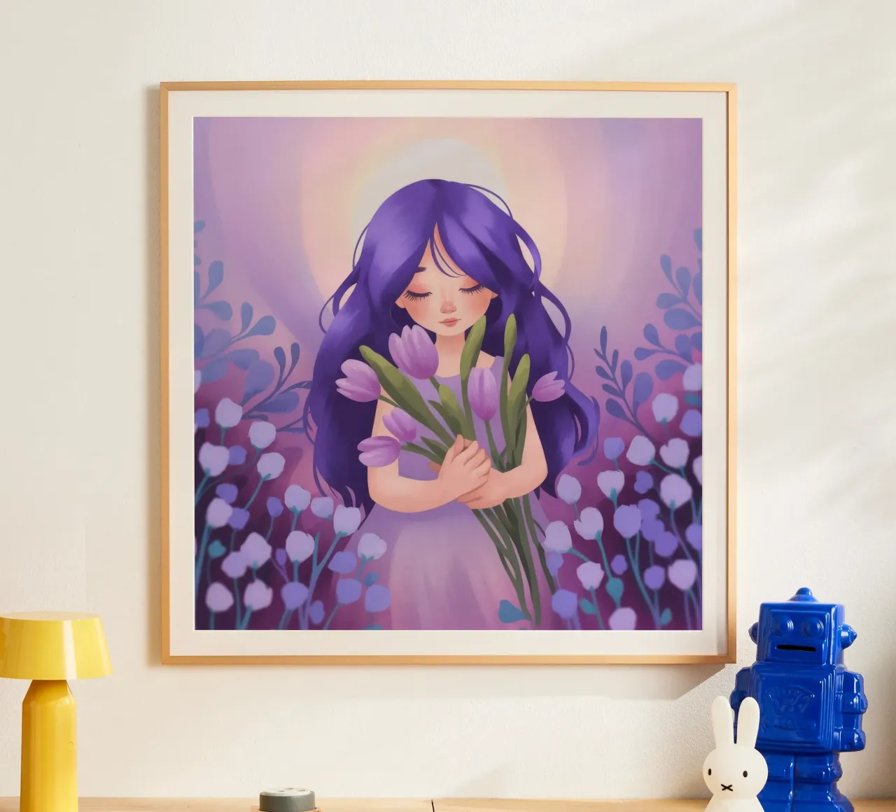 Abbraccio da sogno alla lavanda poster con telaio in legno da Atelier Tiga