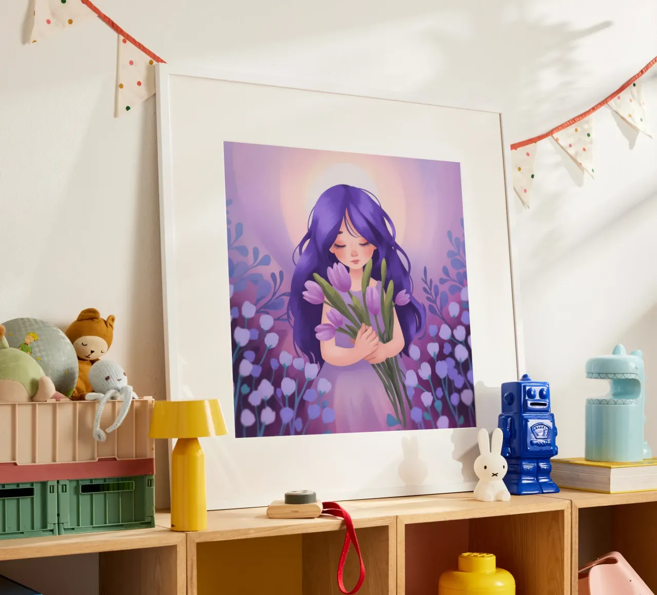 Abbraccio da sogno alla lavanda poster con telaio in legno da Atelier Tiga