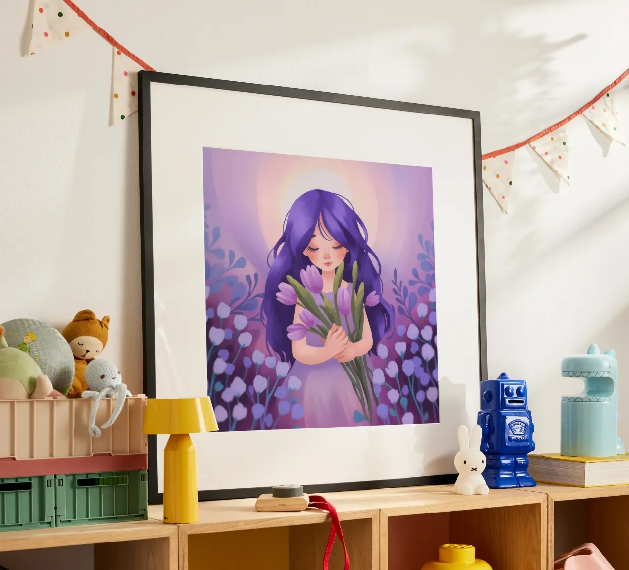 Abbraccio da sogno alla lavanda poster con telaio in legno da Atelier Tiga
