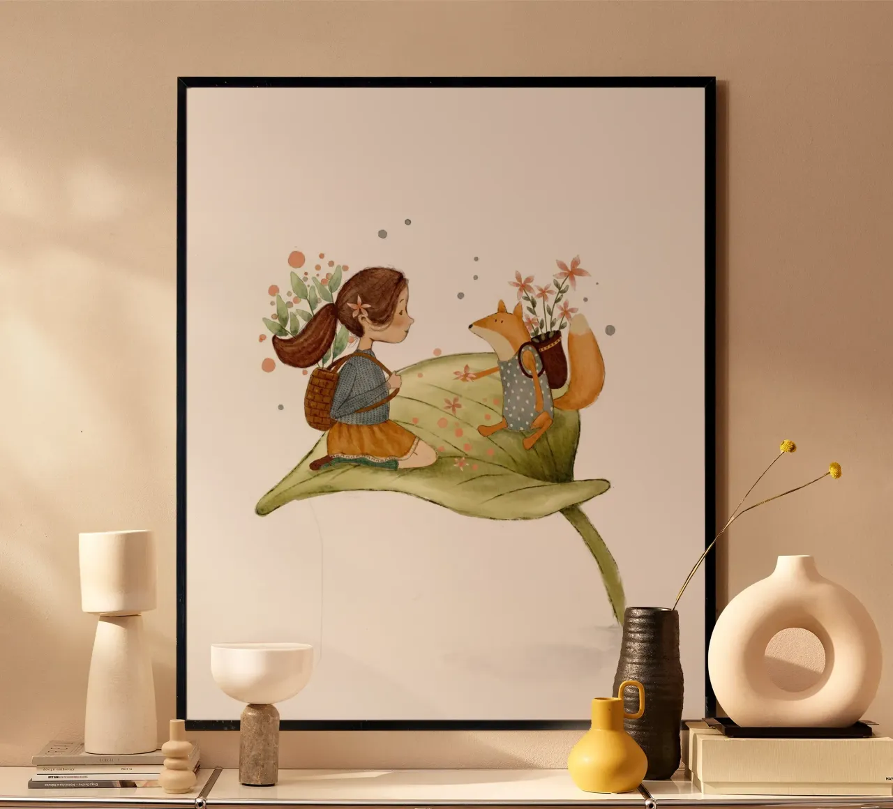 Il giro delle foglie di Lilou e Florence poster con telaio in plastica da Urchin Bay Art