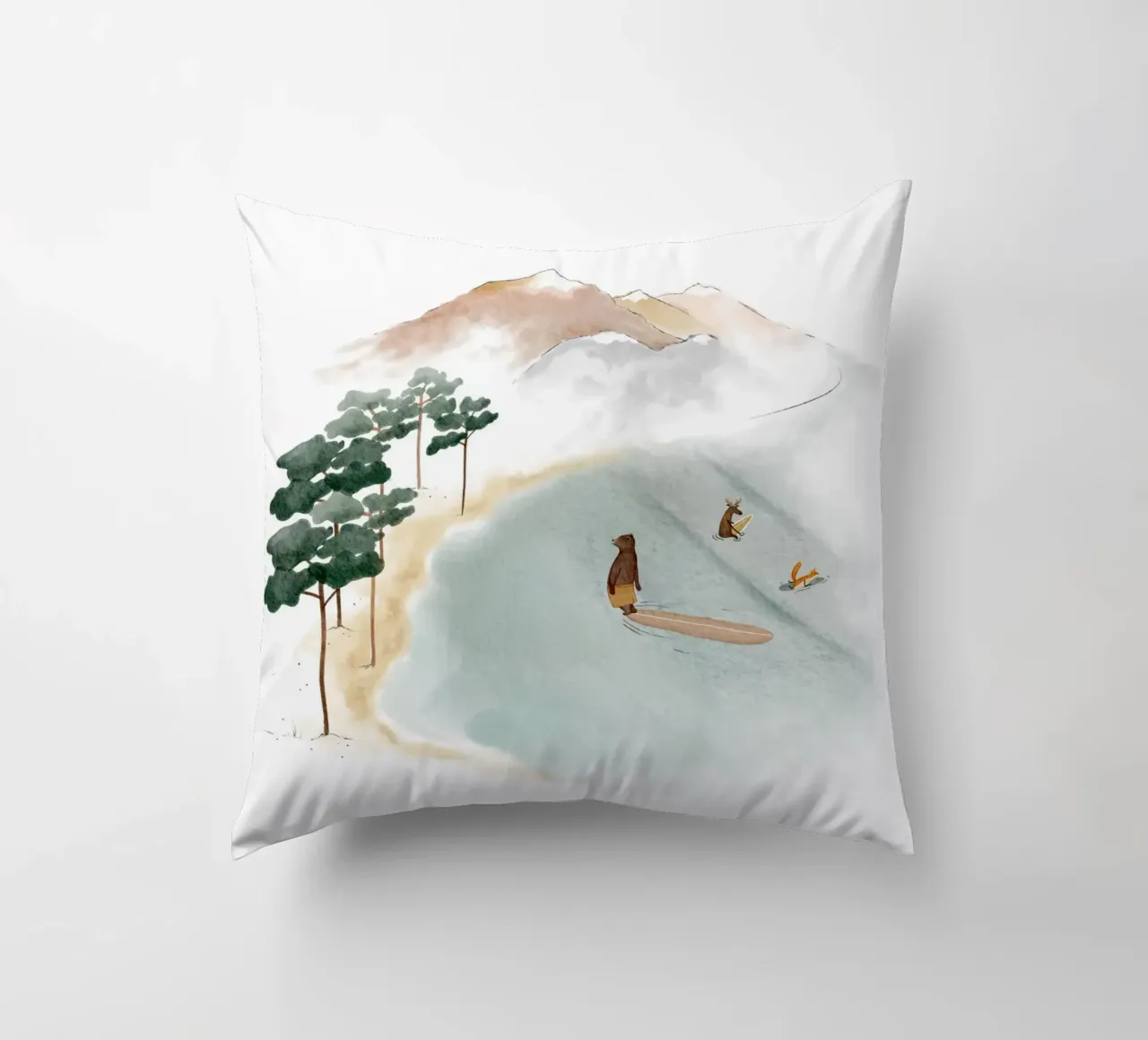 Line Up in Landes: Surfing Adventure in a Dreamy Forest decorative cushion by Urchin Bay Art