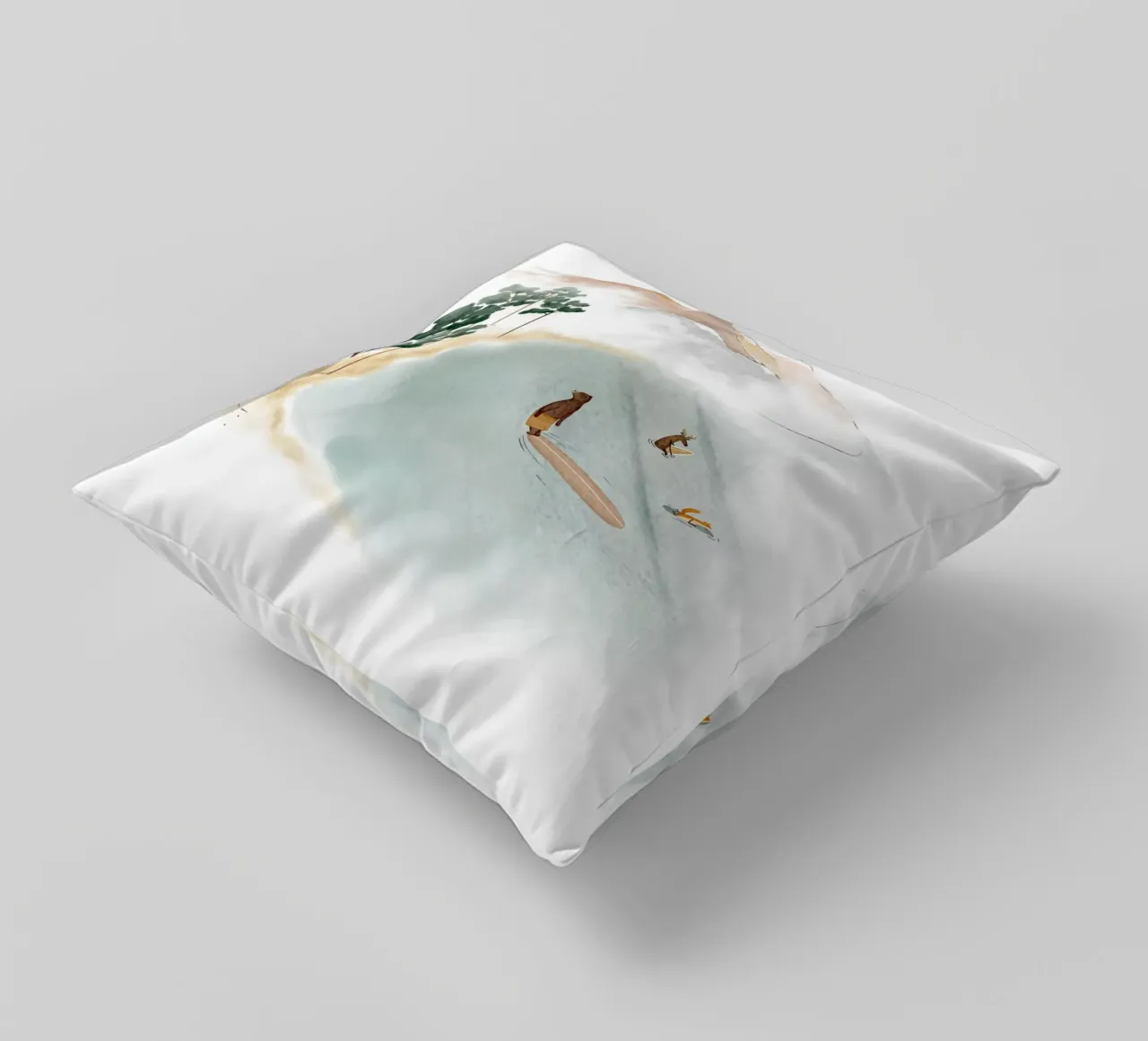 Line Up in Landes: Surfing Adventure in a Dreamy Forest decorative cushion by Urchin Bay Art