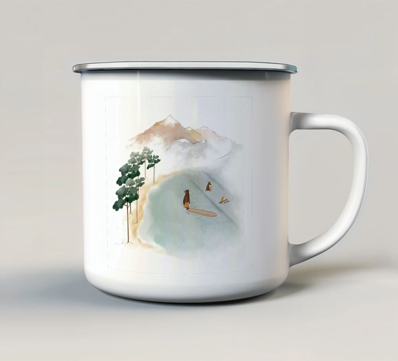 Line Up in Landes: Surfabenteuer in einem verträumten Wald Emaille Tasse von Urchin Bay Art