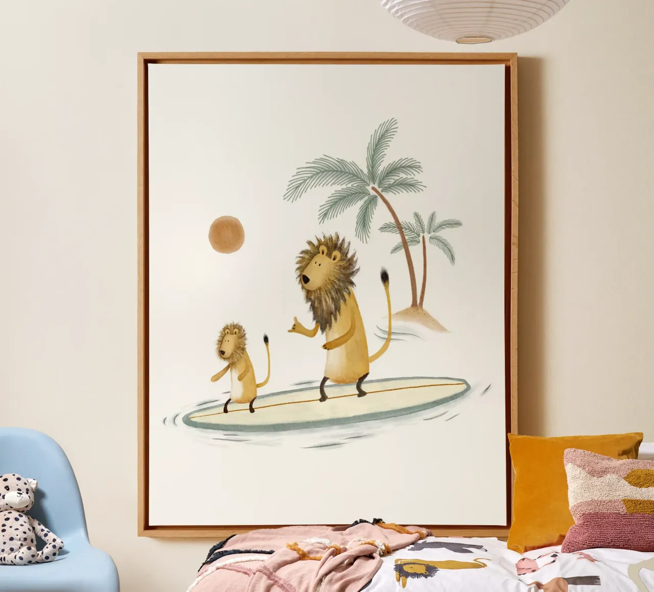 Surfplezier met leeuwen: Samen een speels oceaanavontuur canvas met Baklijst van Urchin Bay Art