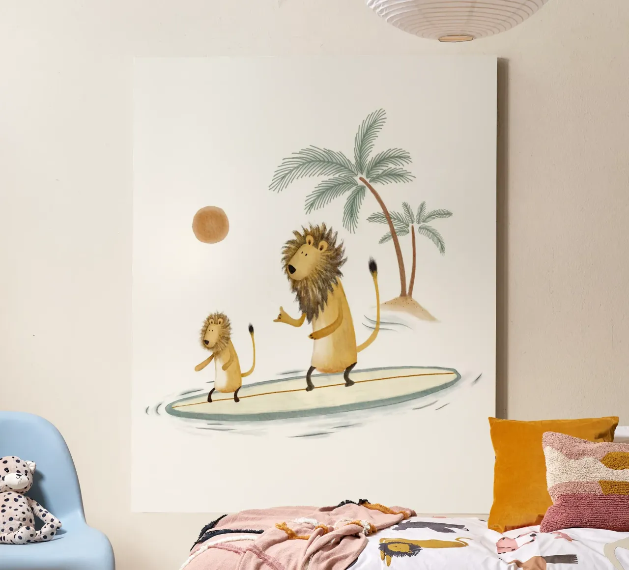 Surfplezier met leeuwen: Samen een speels oceaanavontuur canvas met Baklijst van Urchin Bay Art