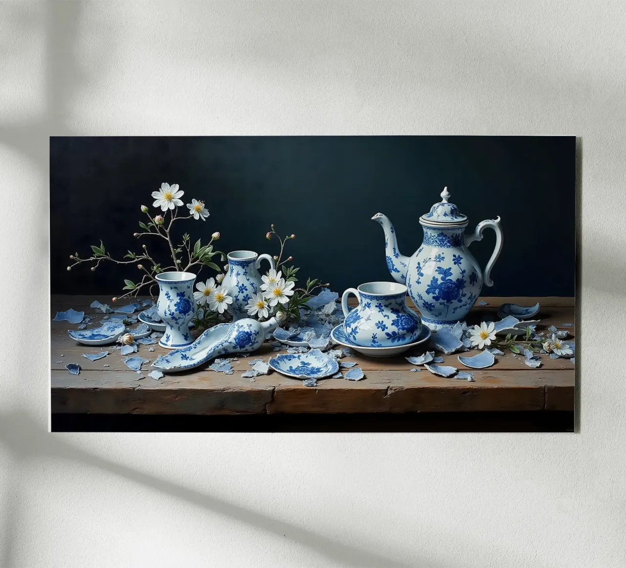 Still Life Broken Delft Blue Ceramics with Anemone Flowers alu-dibond by Hai Maivory