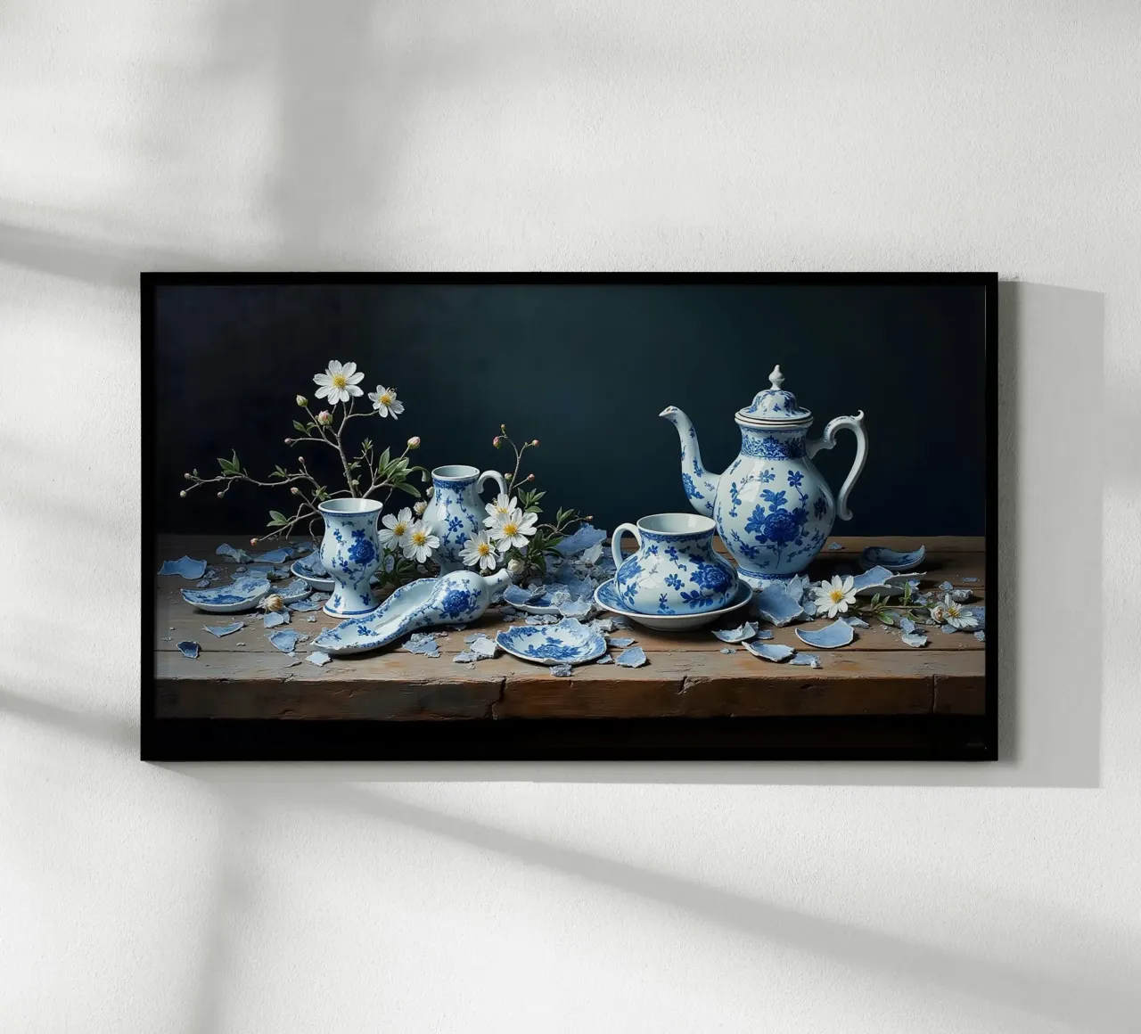 Bodegón de cerámica azul de Delft rota con flores de anémona poster con marco de madera de Hai Maivory