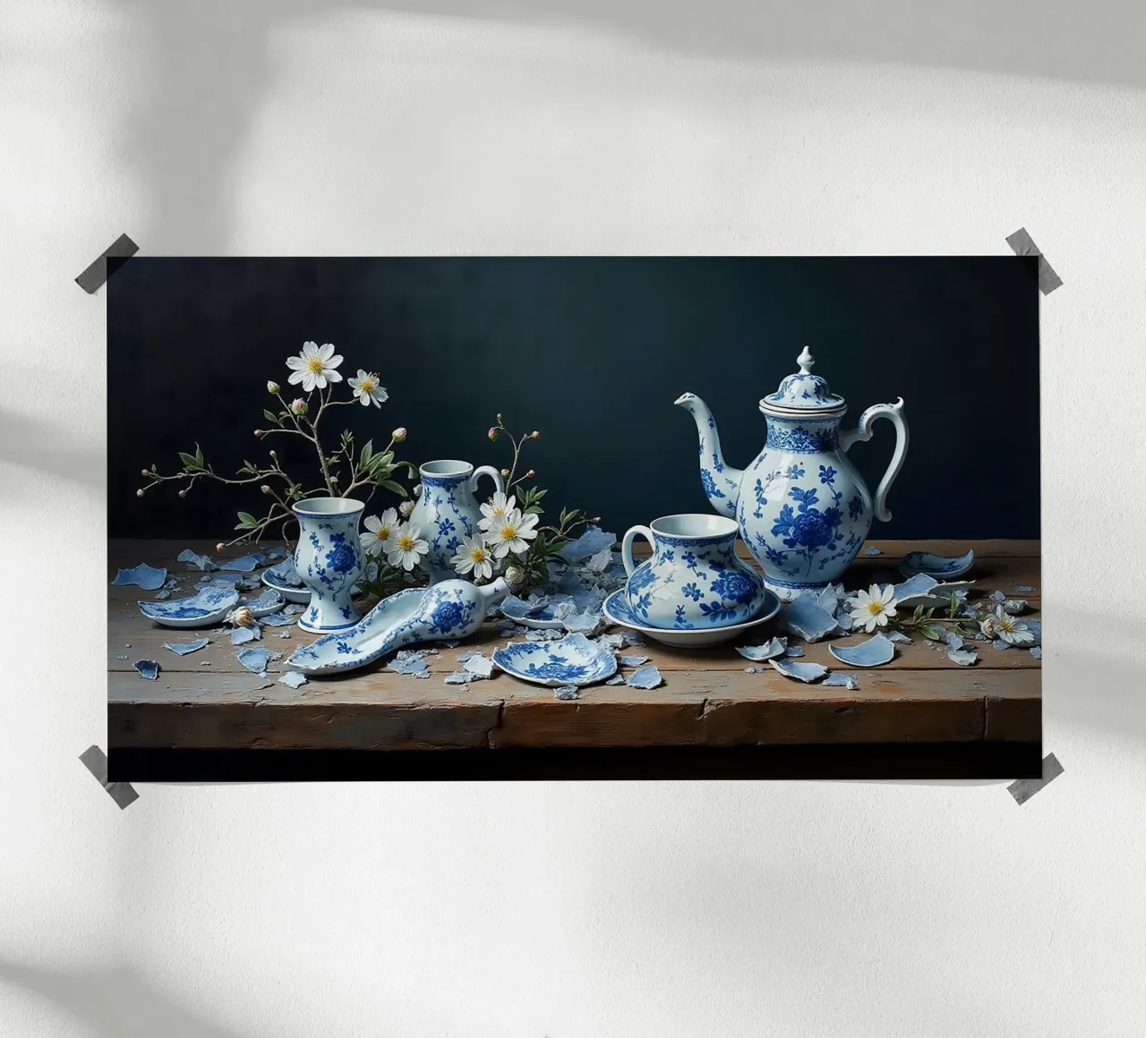 Bodegón de cerámica azul de Delft rota con flores de anémona poster con marco de madera de Hai Maivory