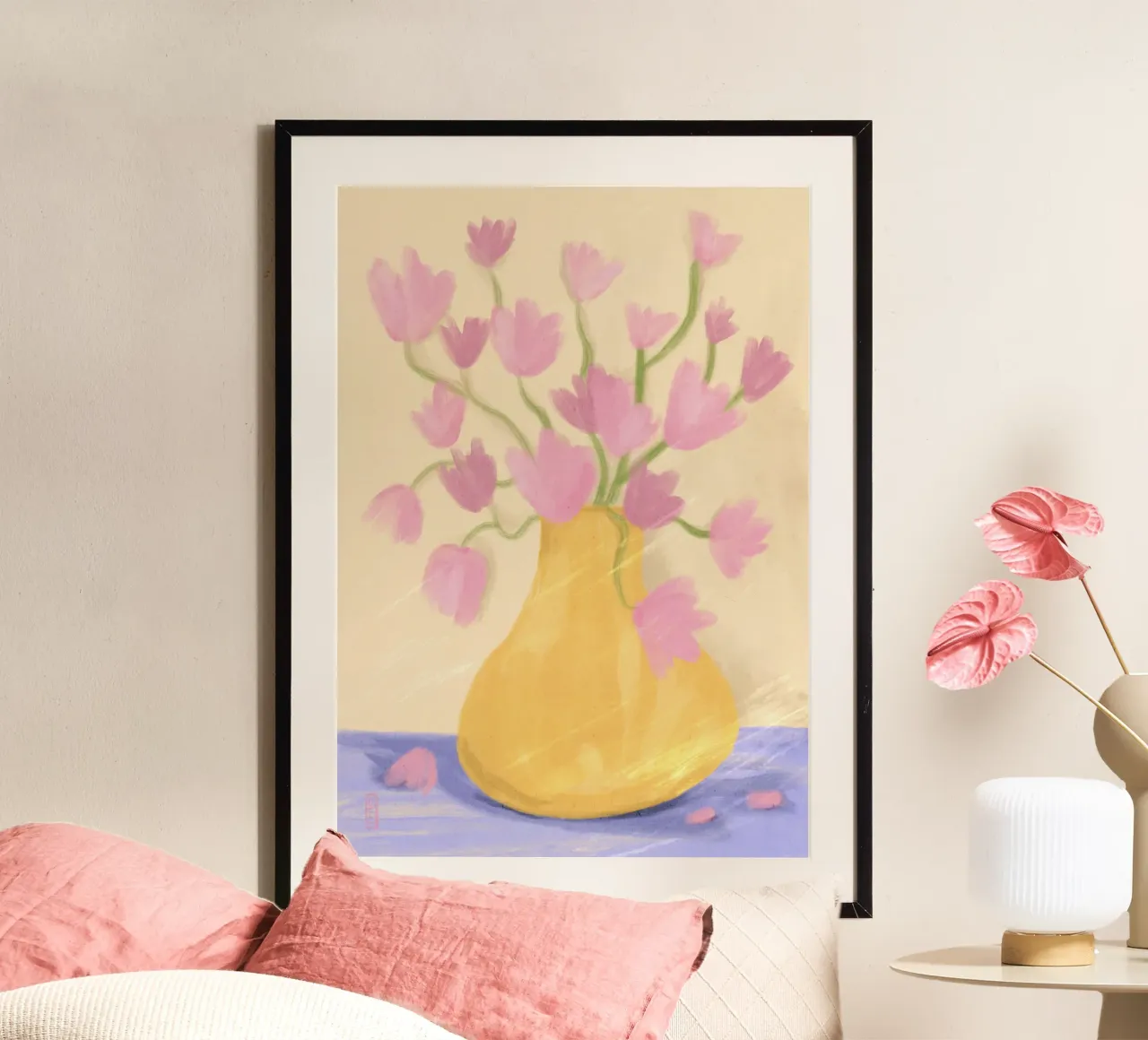 Semplice fiore di primavera in un vaso Illustrazione d'arte poster con telaio in legno da Pictufy Sun & Spirit