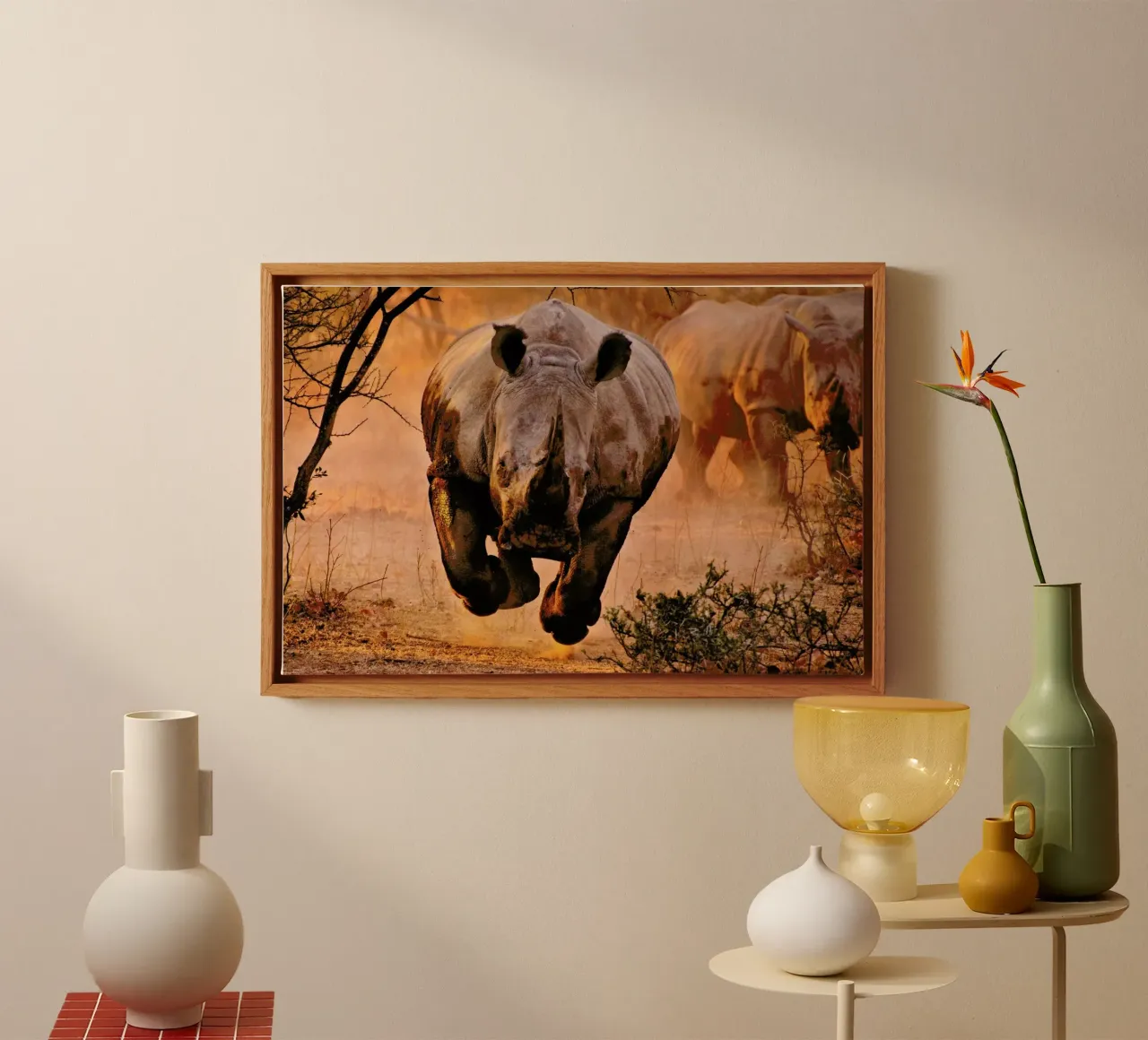 Rhino Learning to Fly - Justus Vermaak canvas with Floater frame by Pictufy