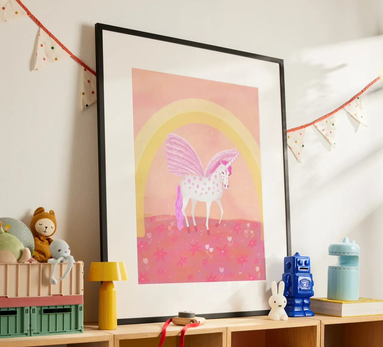 Pink Unicorn poster with wooden frame by Pictufy Sun & Spirit