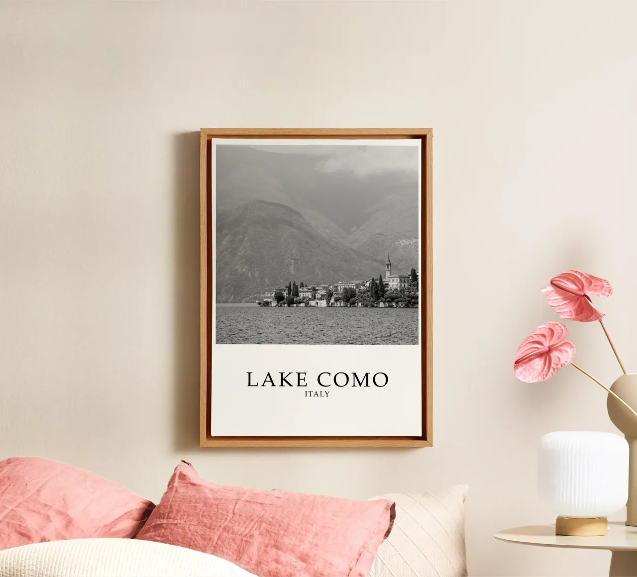 Lake Como Italy Nature Scene Greyscale canvas met Baklijst van Charnwood Prints