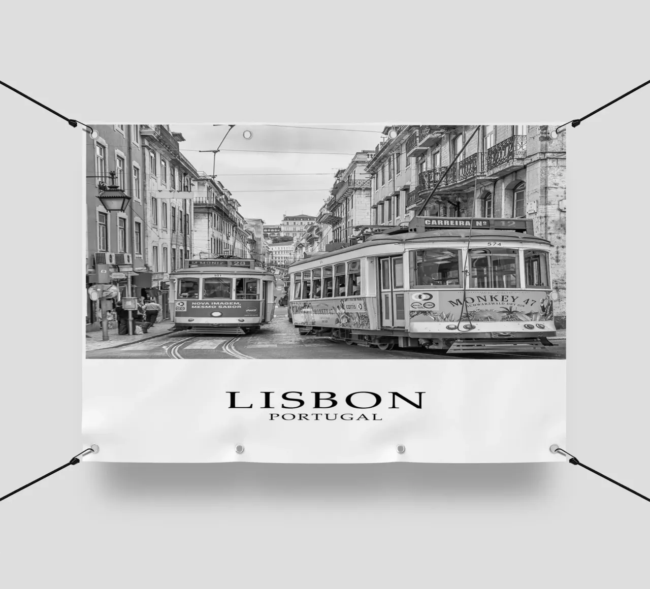 Lisbon Portugal Trams Scene Greyscale telo in pvc da Charnwood Prints