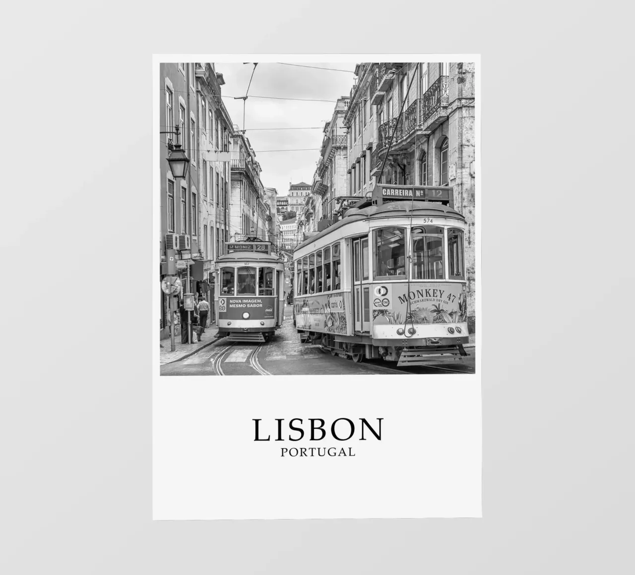 Lisbon Portugal Trams Scene Greyscale telo in pvc da Charnwood Prints