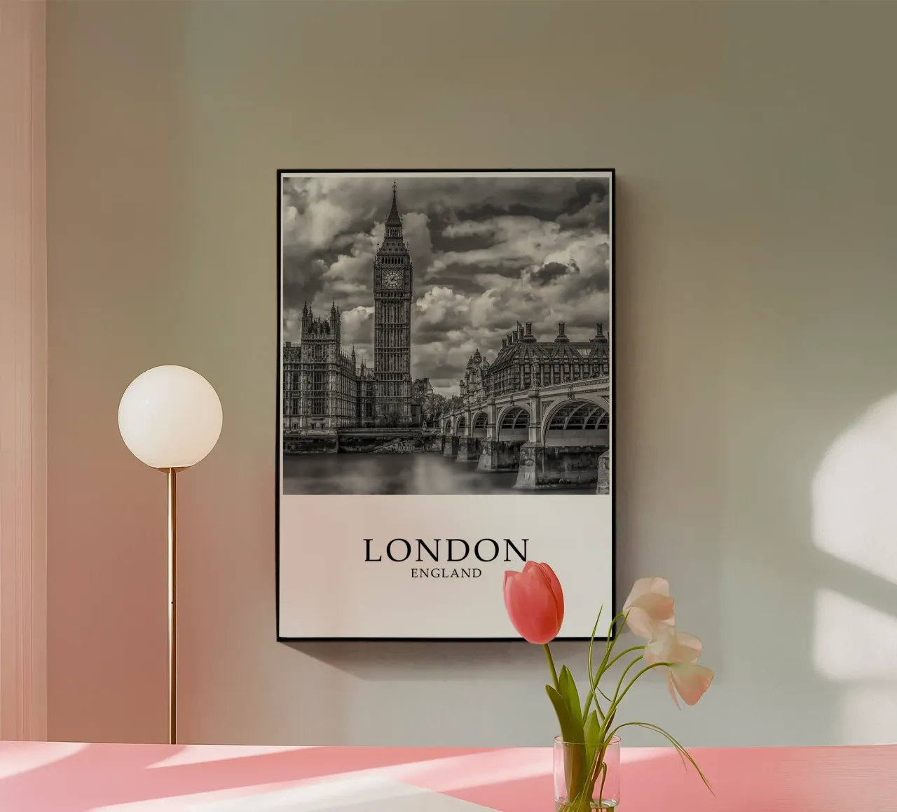 London Westminster Big Ben Cityscape Scene Greyscale acryl van Charnwood Prints