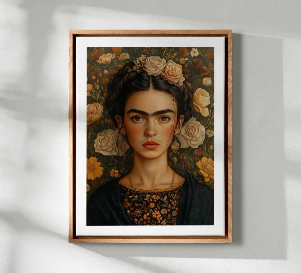 Frida con i fiori d'autunno tela con Cornice a cassetta da Glitch & Glam