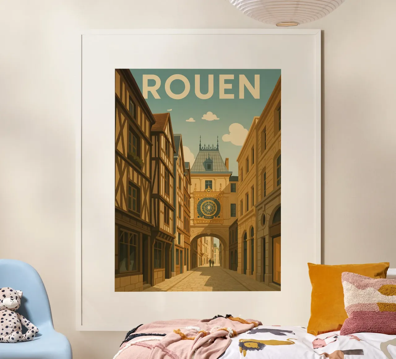 Rouen - Retro poster of the Gros-Horloge and the old town poster with aluminum frame by PrintMoiUnTruc