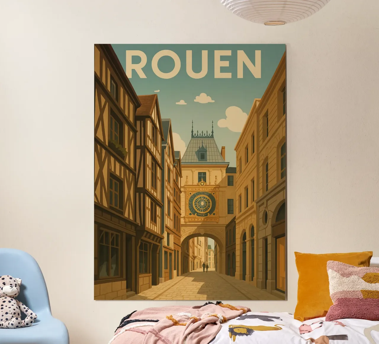 Rouen - Retro poster of the Gros-Horloge and the old town poster with aluminum frame by PrintMoiUnTruc