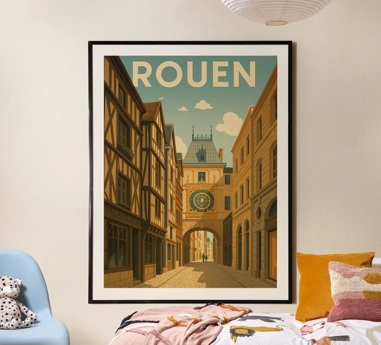 Rouen - Retro poster of the Gros-Horloge and the old town poster with aluminum frame by PrintMoiUnTruc