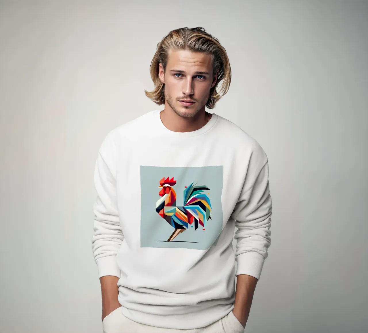 Colourful geometric rooster in polygon style sweatshirt by namosh
