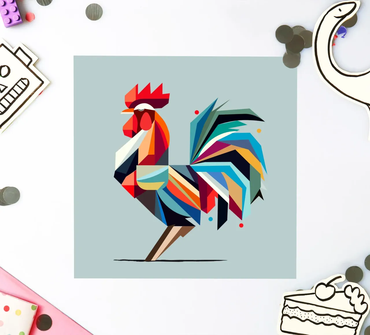 Gallo geométrico colorido en estilo poligonal pegatina de namosh