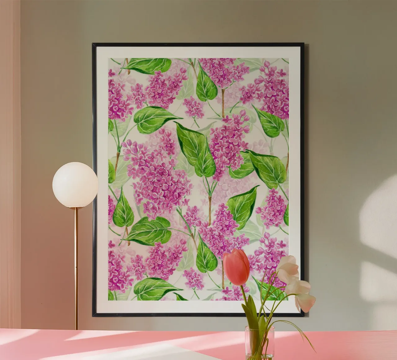 Violette fliederfarbene Blumen auf weißem Hintergrund Poster von Painted Nature